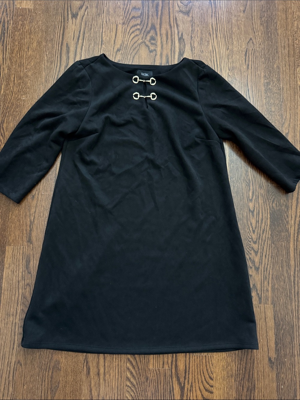 😜😜 MSK Black Mini Shift Dress with Gold Buckle Accents